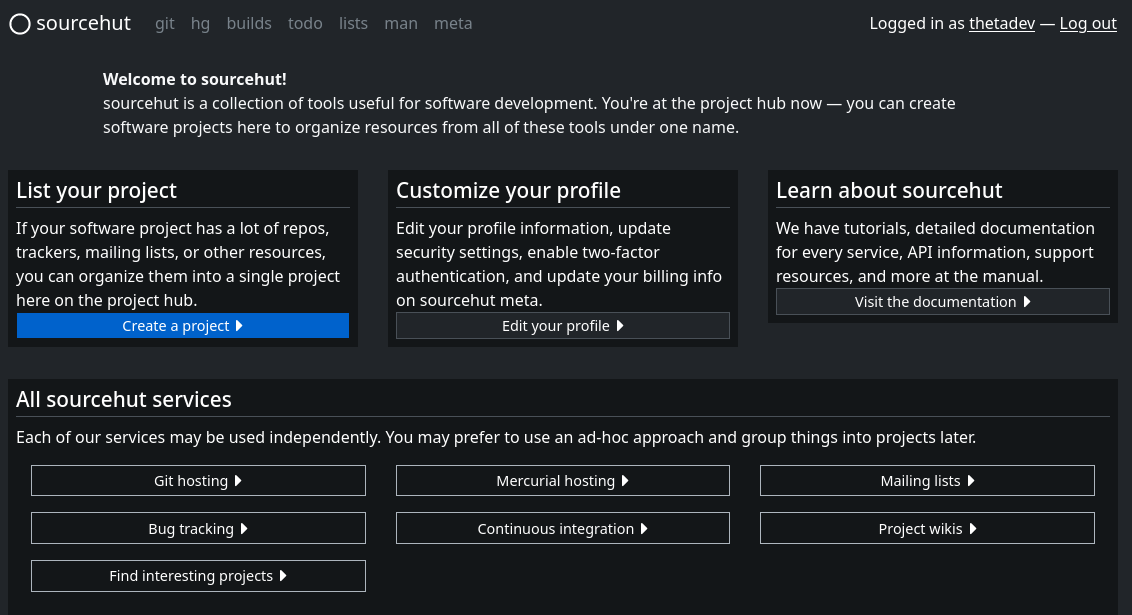SourceHut homepage